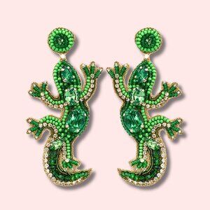 Green Pet Lizard Gecko Beaded Crystal Rhinestone Statement Earrings